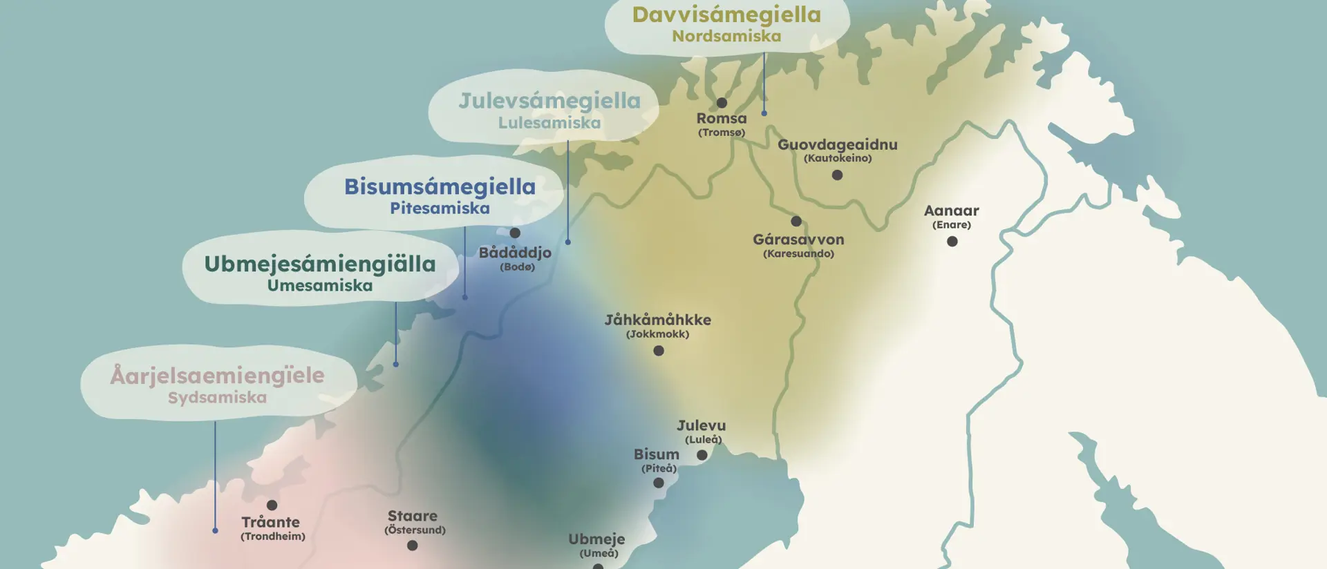 Miessies karta över samiska språk i Sverige.